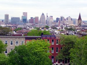 Baltimore rowhouses and skyline